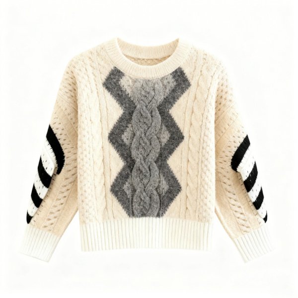 Beige & Gray Argyle Cable Knit Sweater - Oversized Relaxed Fit Pullover