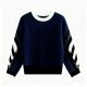 Navy Blue Cable Knit Sweater with Black & White Striped Sleeves - Chunky Warm Pullover