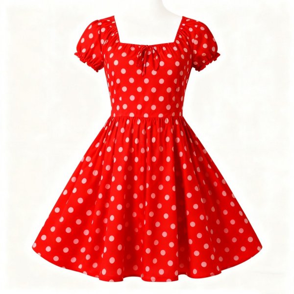 Red Square-Neck Polka Dot Dress