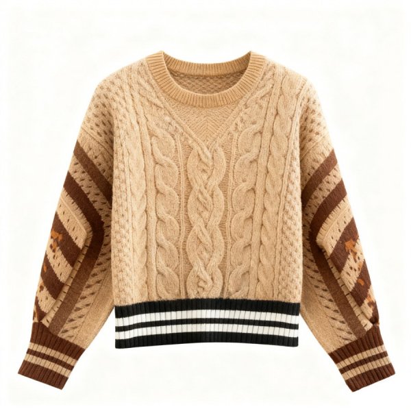 Beige & Brown Striped Cable Knit Sweater