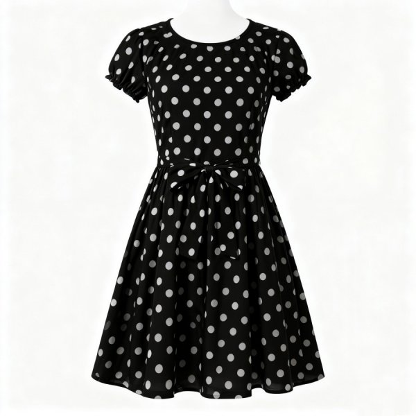 Black Polka Dot Dress with Self-Tie Bow Belt