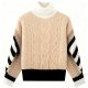 Beige Turtleneck Cable Knit Sweater with Black & White Striped Sleeves