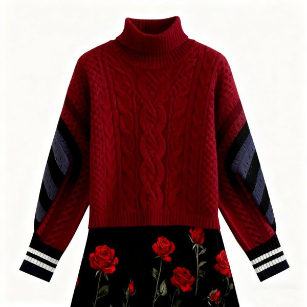 Burgundy Turtleneck Cable Knit Sweater (Rose Skirt Combo)
