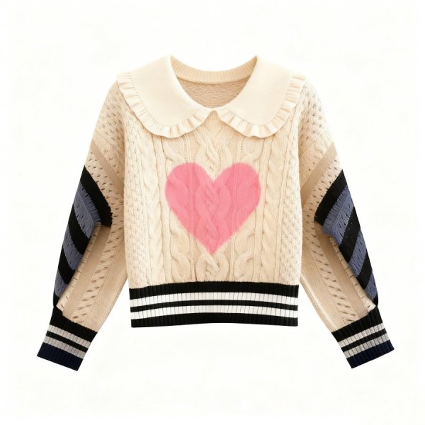 Cream Ruffled Collar Cable Knit Sweater (Pink Heart)