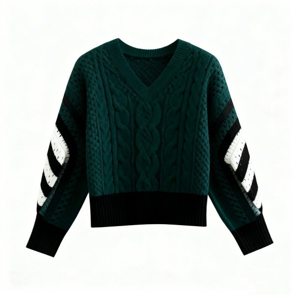 Dark Green Cable Knit V-Neck Sweater with Black & White Striped Sleeves