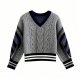 Gray & Navy Color-Block Cable Knit V-Neck Sweater - Oversized Casual Pullover
