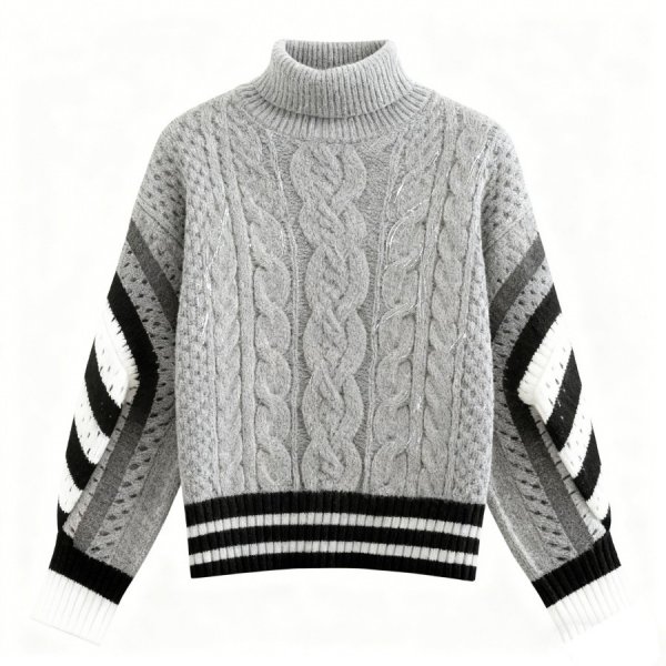 Gray Turtleneck Cable Knit Sweater with Black & White Striped Sleeves