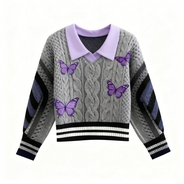 Gray & Purple Butterfly Polo Collar Sweater