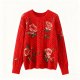 Red Rose-Embroidered Openwork Knit Sweater