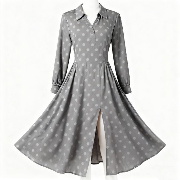Gray Polo Collar Polka Dot Maxi Dress