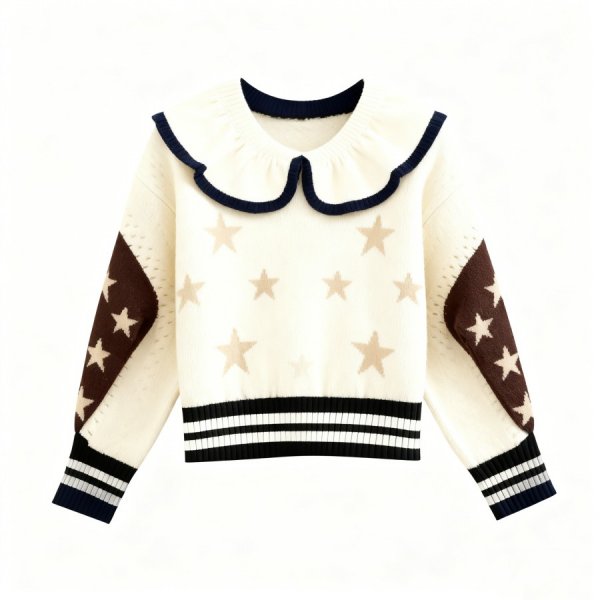 Cream & Brown Star Ruffled Collar Sweater