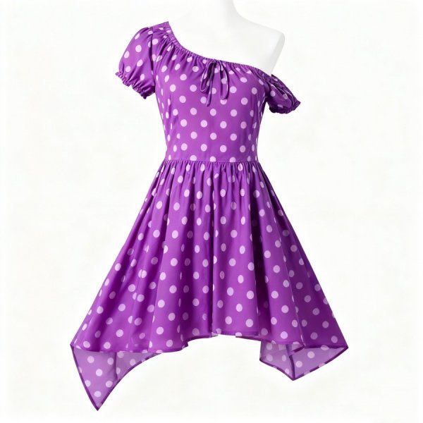 Purple One-Shoulder Polka Dot Dress