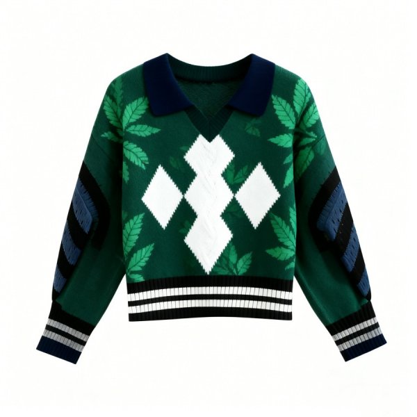 Green Leaf & Argyle Polo Collar Sweater