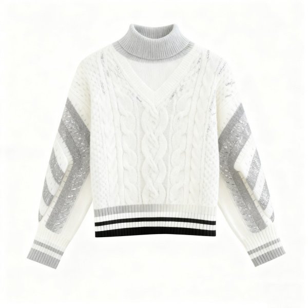 White Turtleneck Sparkle Cable Knit Sweater