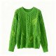 Bright Green Leaf-Print Openwork Knit Sweater