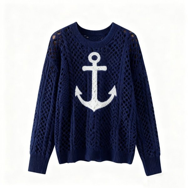 Navy Blue Anchor Emblem Openwork Knit Sweater