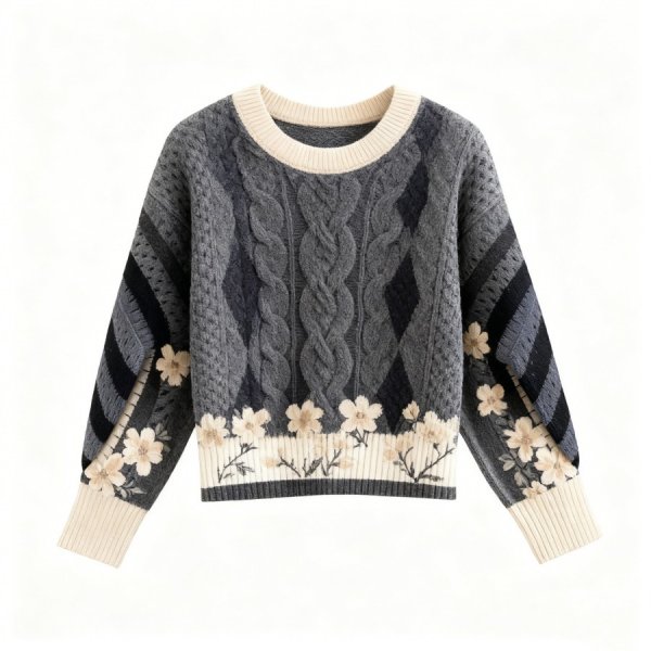 Gray & Cream Floral Cable Knit Sweater