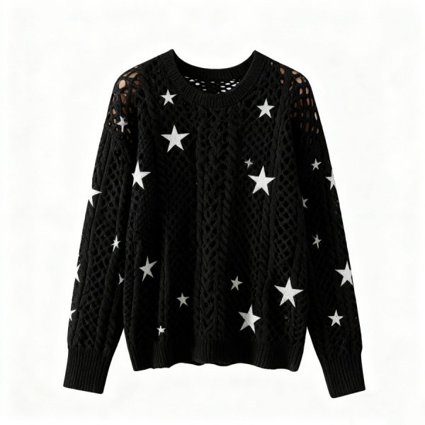 Black Star-Print Openwork Knit Sweater