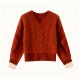 Terracotta Red Cable Knit V-Neck Sweater - Slim-Fit Warm Winter Top