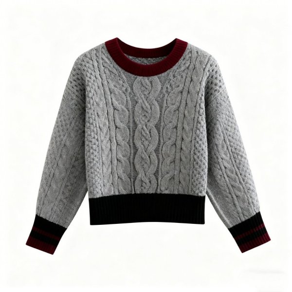 Gray & Burgundy Contrast Crew Neck Cable Knit Sweater - Relaxed Fit Winter Top