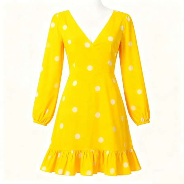 Yellow V-Neck Polka Dot Dress