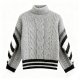 Gray Turtleneck Cable Knit Sweater with Black & White Striped Sleeves