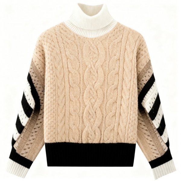 Beige Turtleneck Cable Knit Sweater with Black & White Striped Sleeves