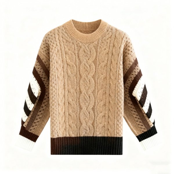 Camel & Brown Color-Block Cable Knit Sweater - Oversized Casual Pullover