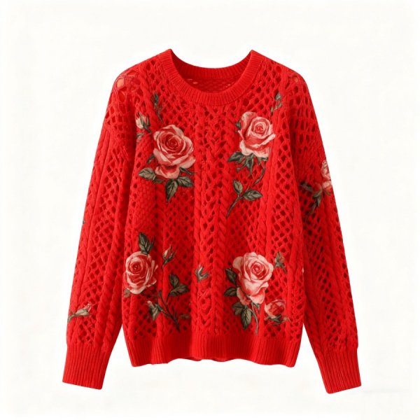 Red Rose-Embroidered Openwork Knit Sweater
