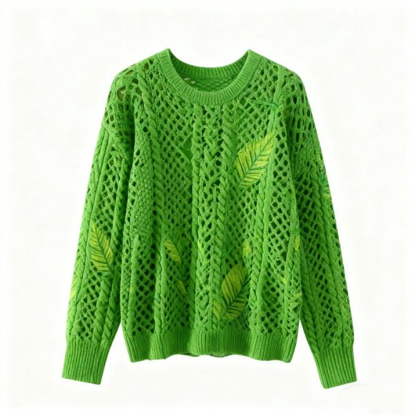 Bright Green Leaf-Print Openwork Knit Sweater