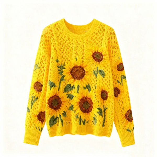 Yellow Sunflower Openwork Knit Sweater