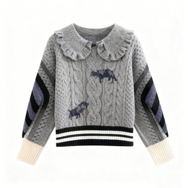 Gray Ruffled Collar Cable Knit Sweater (Pig Pattern)