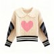Cream Ruffled Collar Cable Knit Sweater (Pink Heart)