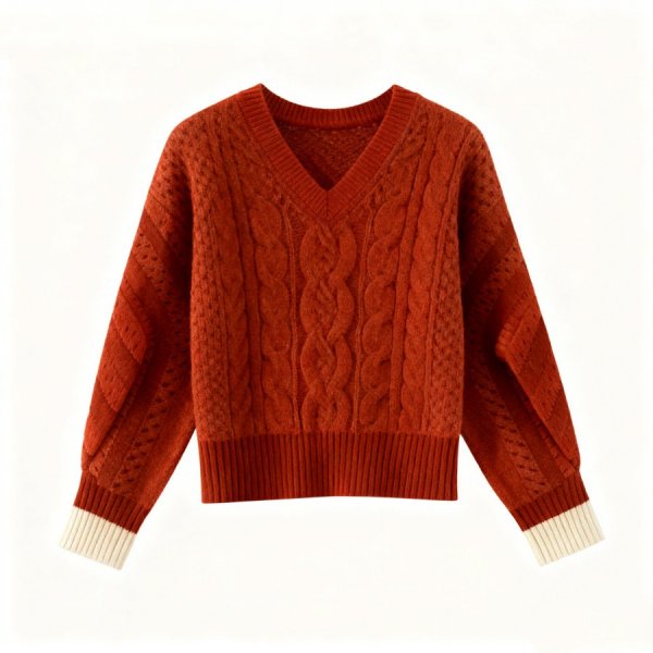 Terracotta Red Cable Knit V-Neck Sweater - Slim-Fit Warm Winter Top