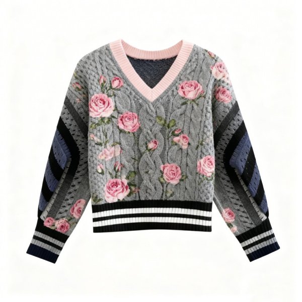 Gray & Pink Rose Cable Knit Sweater