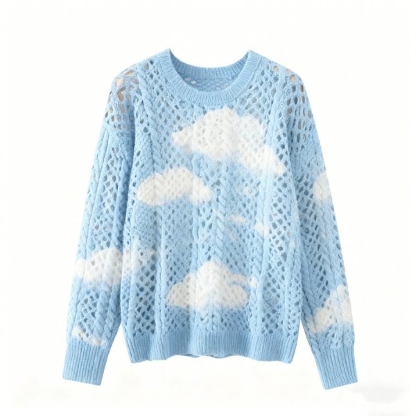 Light Blue Cloud Pattern Openwork Knit Sweater