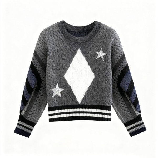 Gray & White Star Diamond Cable Knit Sweater