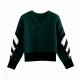 Dark Green Cable Knit V-Neck Sweater with Black & White Striped Sleeves