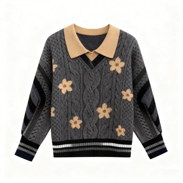 Gray & Beige Floral Polo Collar Sweater