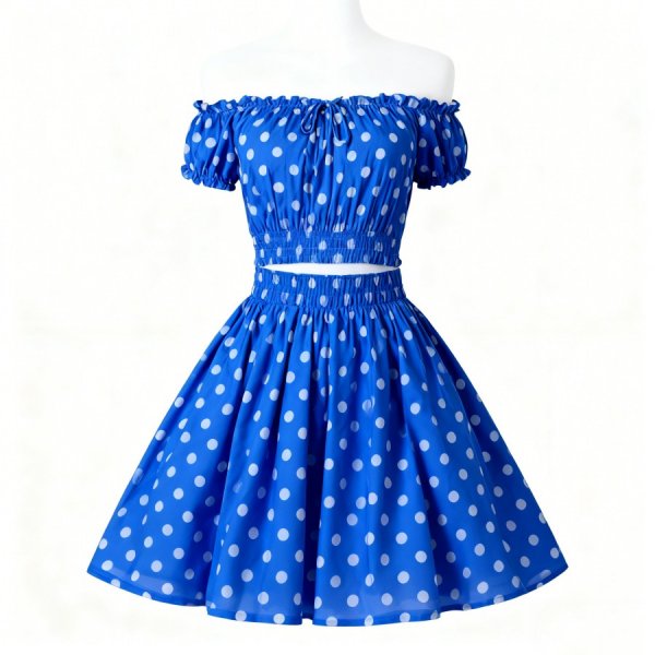 Blue Off-Shoulder Polka Dot Two-Piece Set