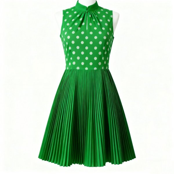 Green Sleeveless Polka Dot Pleated Dress