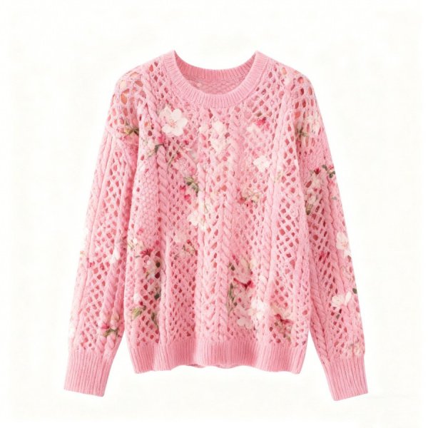 Pink Cherry Blossom Openwork Knit Sweater